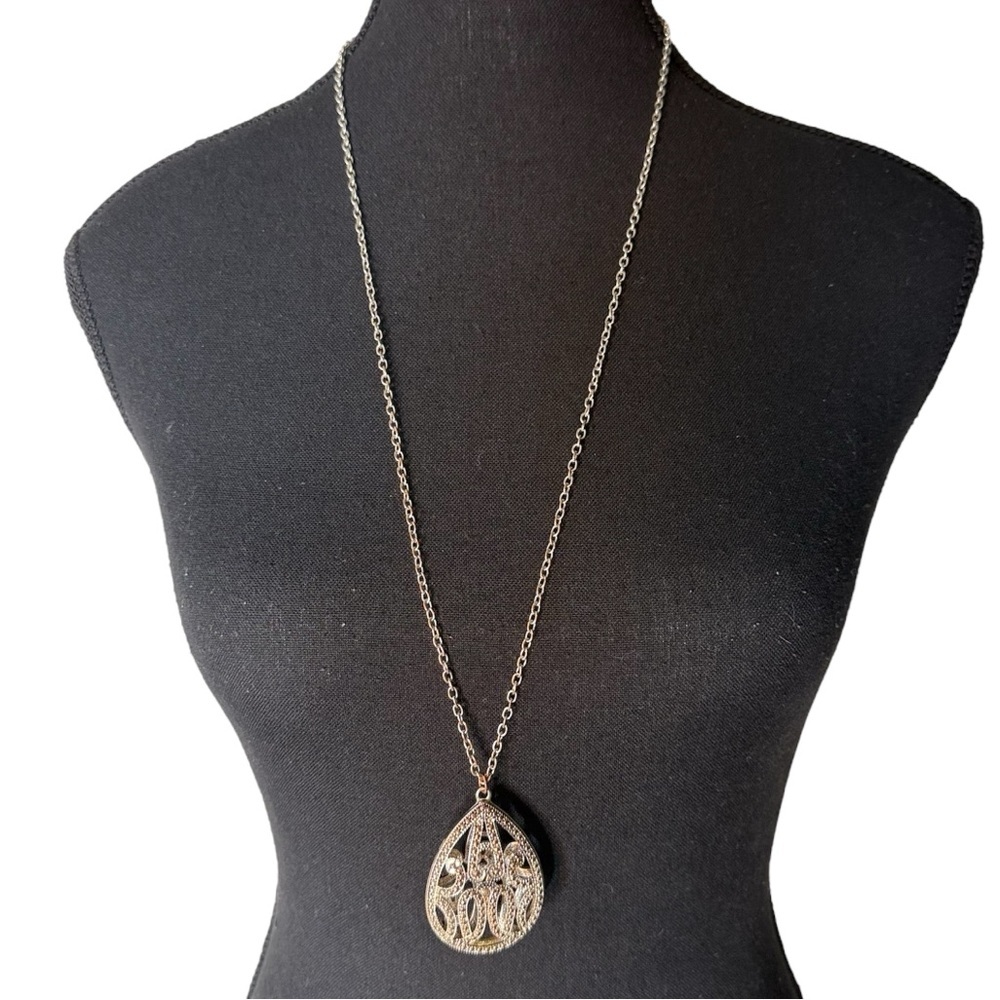 Silver Toned Necklace Teardrop Birdcage Pendant Reddish Hue Rhinestones Filagree - Picture 2 of 8
